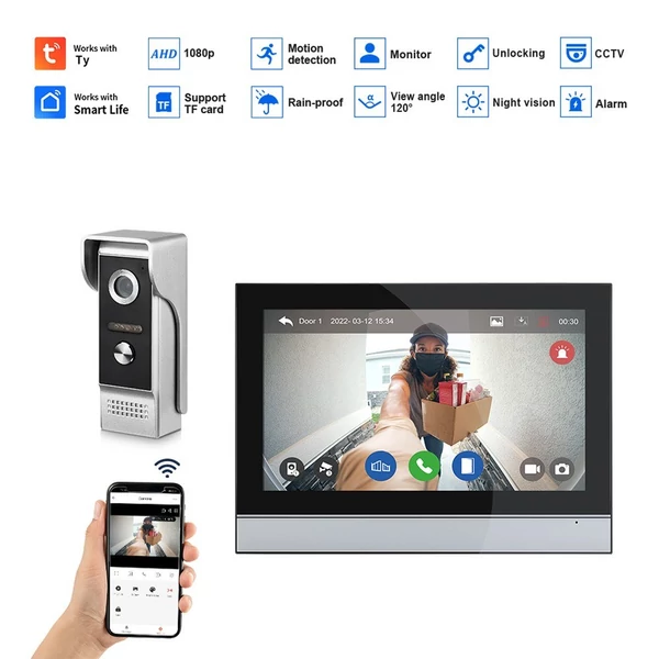 1080P vezeték nélküli video csengő kamera monitorral, TY APP, WiFi, 10 hüvelykes nagy érintőképernyő