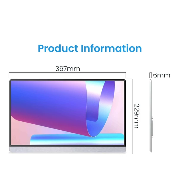 16,1 hüvelykes hordozható monitor, FHD 1080P IPS monitor támasztékkal