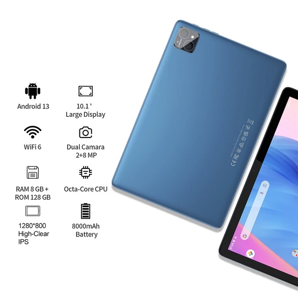 10,1 hüvelykes 1280*800 IPS Clear érintőképernyő, Android 13 táblagép - Kék