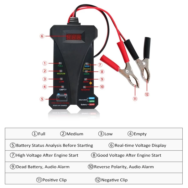 12 V-os digitális akkumulátor feszültségmérő és töltőrendszer-elemző