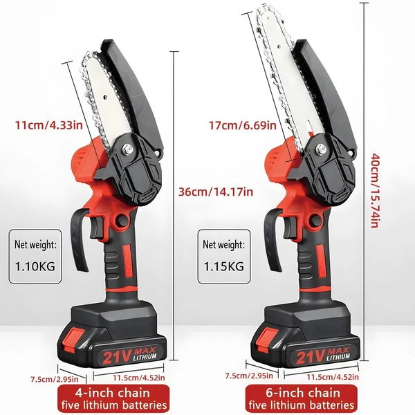 Mini láncfűrész, 4 hüvelykes / 6 hüvelykes, hordozható láncfűrész biztonsági zárral, 2 lánc - Piros