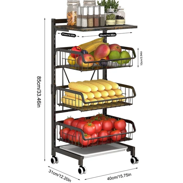 4 szintes konyhai kocsi kerekeken, állítható - fa asztallappal és hálós kosarakkal