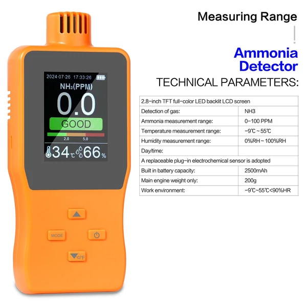 Kézi ammóniagáz-érzékelő, 0-100 PPM digitális NH³ gáztesztelő LCD kijelzővel