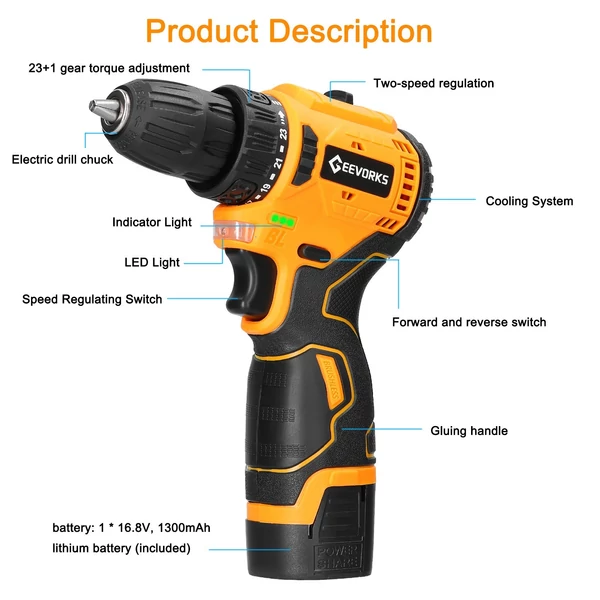 Geevorks 16.8V akkus meghajtó fúró, háztartási, kefe nélküli motor - 2 akkumulátor