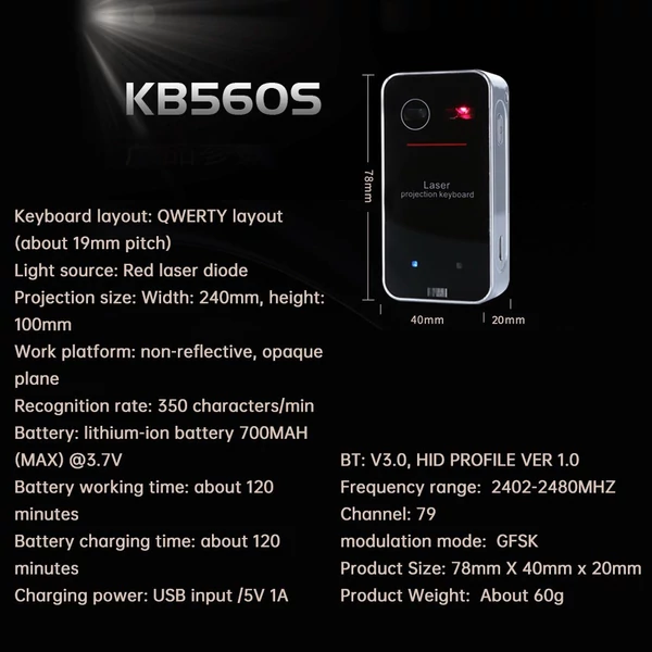 KB560S lézeres billentyűzet, mini virtuális billentyűzet, hordozható egér funkcióval QWERTY elrendezés
