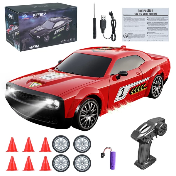 2,4 GHz-es 1/20-as távirányítós Drift autó, 4WD versenyautó - Piros, 2 akkumulátor