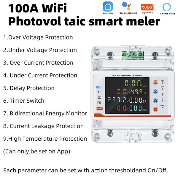Tuya WiFi intelligens áramkör-megszakító, kétirányú mérési teljesítménymérő, visszakapcsoló kapcsoló