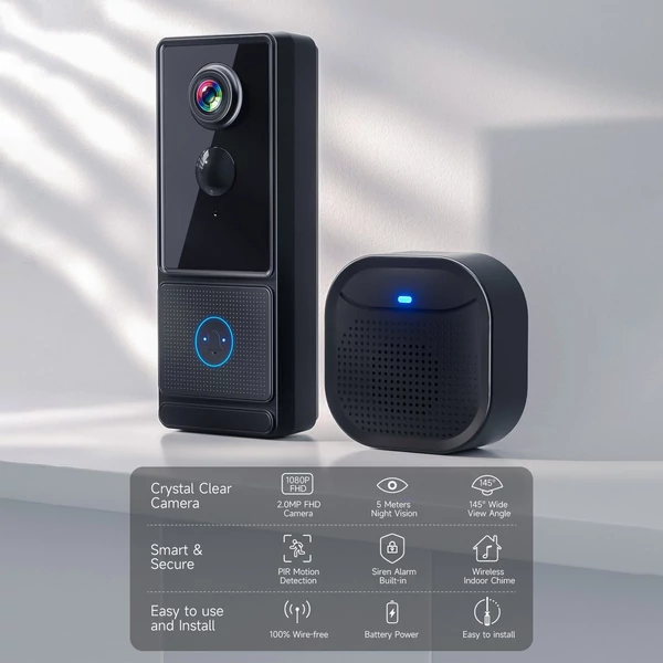 Aoresac ajtócsengő kamera, vezeték nélküli 2.4G WiFi, 2K 3MP HD éjszakai látó video ajtócsengő hangjelzéssel