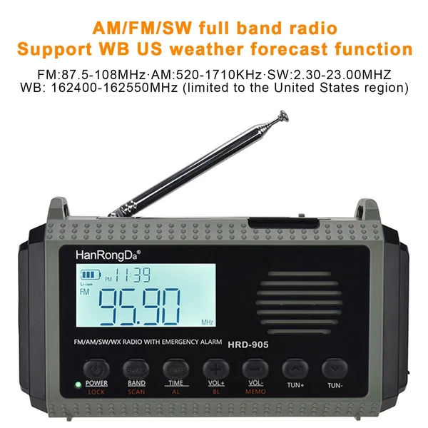 HanRongDa HRD-905 összsávos rádió (AM FM SW WB rádió) kültéri vészhelyzeti rádió