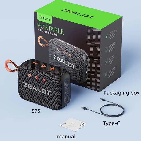 ZEALOT S75 Outdoor BT 5.2 hangszóró, 10 W térhatású hang, hordozható kerékpáros hangszóró szíjjal - Fekete