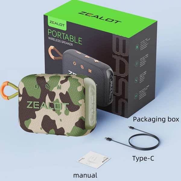 ZEALOT S75 Outdoor BT 5.2 hangszóró, 10 W térhatású hang, hordozható kerékpáros hangszóró szíjjal - Terepszínű