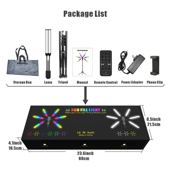 RGB-S2 rugalmas, kétkarú RGB videolámpa, 36 W-os fényképezési LED-töltőlámpa, hangszedő ritmusfény