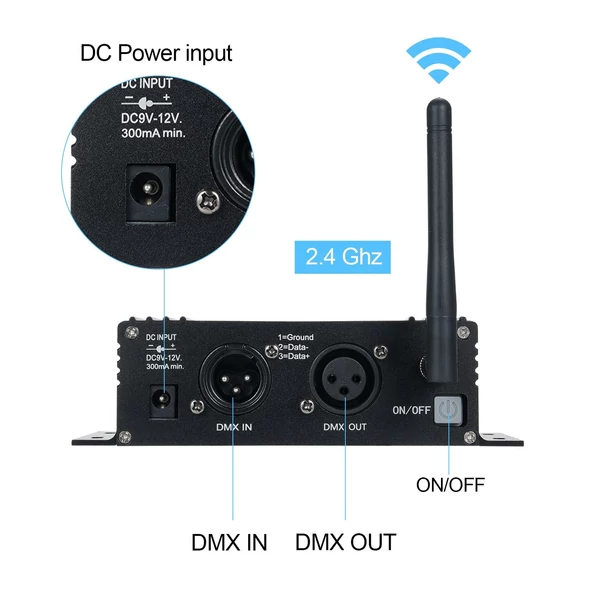 DMX 512 2.4G vezeték nélküli vezérlő, adó-vevő, LCD kijelző teljesítmény