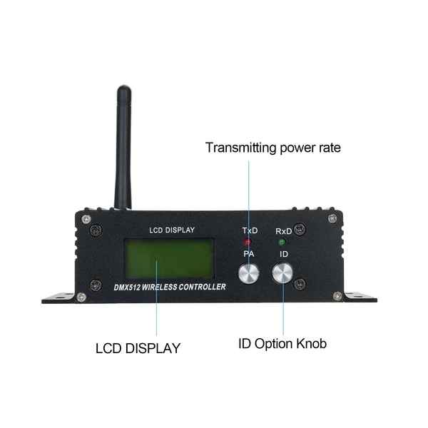 DMX 512 2.4G vezeték nélküli vezérlő, adó-vevő, LCD kijelző teljesítmény