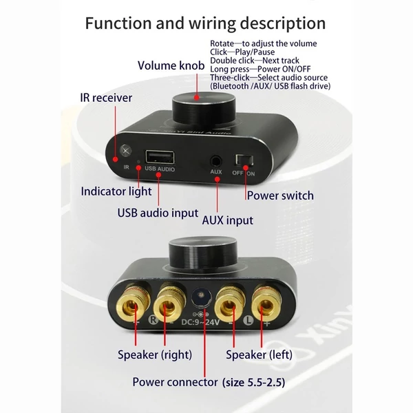 100W+100W BT 5.1 vezeték nélküli audio teljesítményerősítő - Fekete
