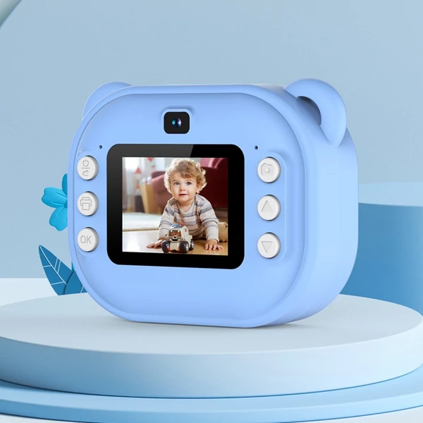 Gyerekkamera, 1080P digitális fényképezőgép hőnyomtatás 2,4 hüvelykes IPS képernyővel - Kék, 32G memóriakártyával + kártyaolvasóval 2 tekercs nyomtatópapír
