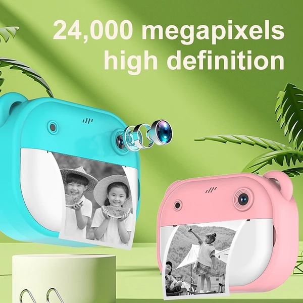 Gyerekkamera, 1080P digitális fényképezőgép hőnyomtatás 2,4 hüvelykes IPS képernyővel - Kék, 32G memóriakártyával + kártyaolvasóval 2 tekercs nyomtatópapír