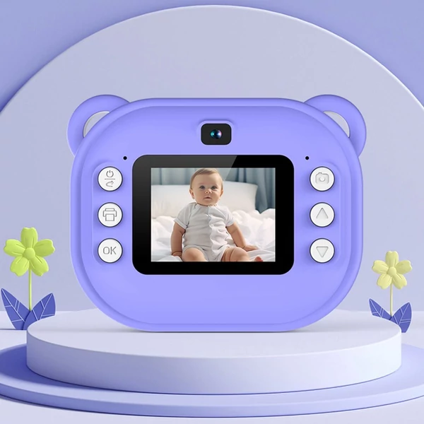 Gyerekkamera, 1080P digitális fényképezőgép, hőnyomtatás 2,4 hüvelykes IPS képernyővel – Lila, 2 tekercs nyomtatópapírral