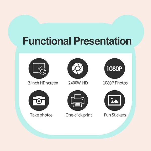 Gyerekkamera, 1080P digitális fényképezőgép hőnyomtatás 2,4 hüvelykes IPS képernyővel - Lila, 32G memóriakártyával + kártyaolvasóval 2 tekercs nyomtatópapír