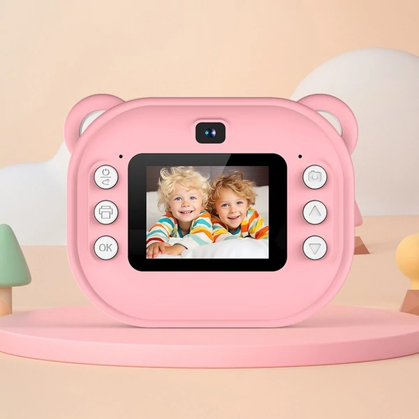 Gyerekkamera, 1080P digitális fényképezőgép, hőnyomtatás 2,4 hüvelykes IPS képernyővel – Pink, 2 tekercs nyomtatópapírral