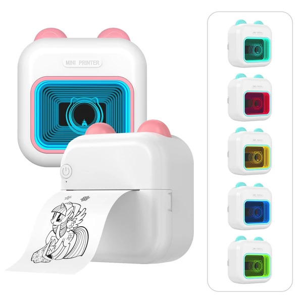 Mini Pocket Thermal Instant fotónyomtató 7 színű LED fényű feliratozógép - Kék, 1 papírtekercs + 10 öntapadó papírtekercs (57x25 mm)