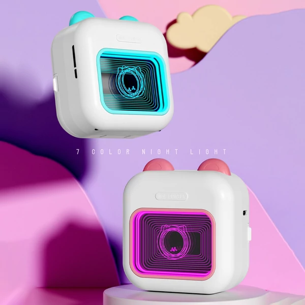 Mini Pocket Thermal Instant fotónyomtató 7 színű LED fényű feliratozógép - Kék, 1 papírtekercs + 10 öntapadó papírtekercs (57x25 mm)