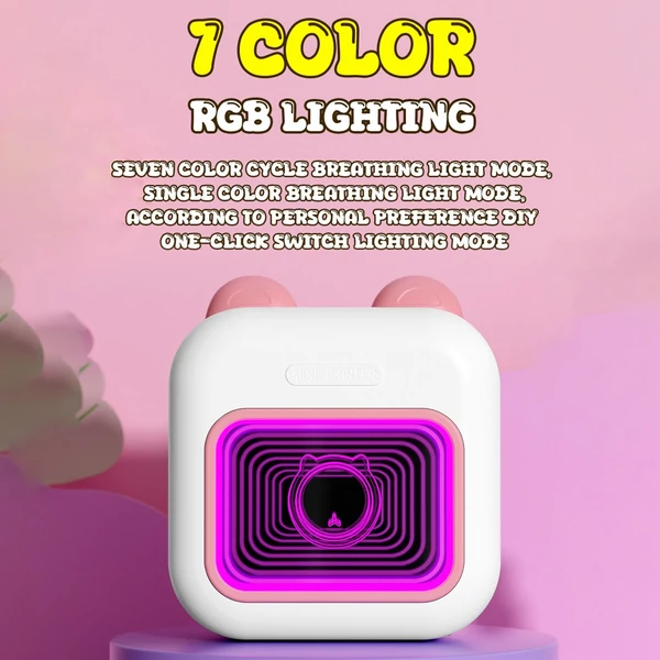 Mini Pocket Thermal Instant fotónyomtató 7 színű LED fényű feliratozógép - Pink, 1 papírtekerccsel (57x25 mm)