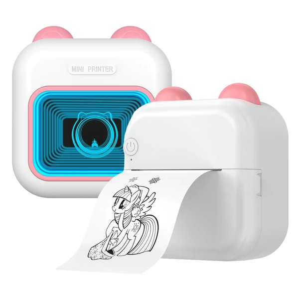 Mini Pocket Thermal Instant fotónyomtató 7 színű LED fényű feliratozógép - Pink, 11 papírtekerccsel (57x25 mm)