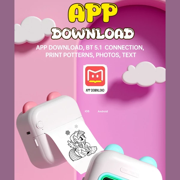 Mini Pocket Thermal Instant fotónyomtató 7 színű LED fényű feliratozógép - Pink, 1 papírtekercs + 10 öntapadó papírtekercs (57x25 mm)