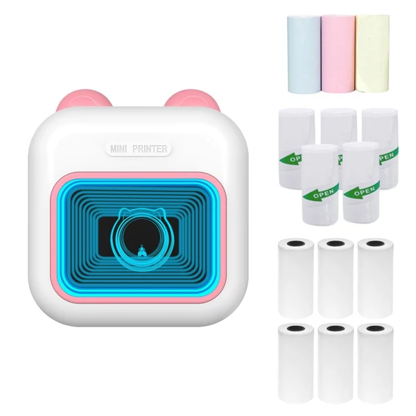 Mini Pocket Thermal Instant fotónyomtató 7 színű LED fényű feliratozógép - Pink, 9 papírtekercs + 5 öntapadó papírtekercs (57x25 mm)
