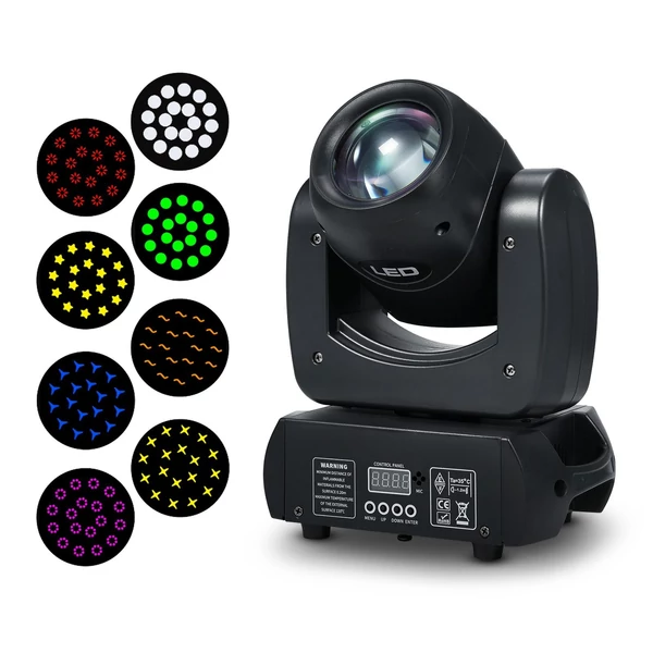 LED mozgó fejlámpa fénysugár, 120 W színpadi lámpa, 8 GOBO-val, 8 színben, 18 prizmás forgó lámpával