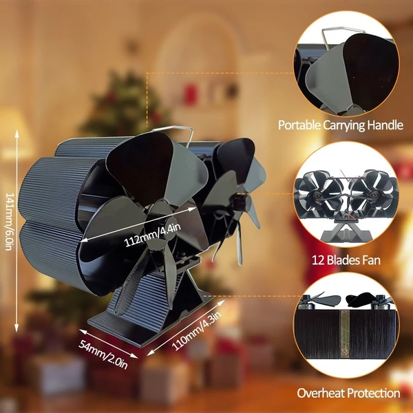 Fakályha ventilátor, hőhajtású kettős csendes motor, 6 lapáttal, nem elektromos - Fekete, 1-es típus