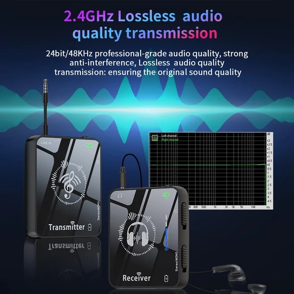SM-1 2,4 GHz-es vezeték nélküli fülhallgató-figyelő rendszer - Újratölthető adó és vevő, 30 m hatótáv, Mono/Sztereó kapcsoló