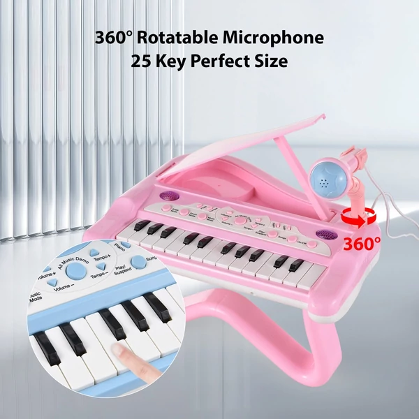 DJ201 25 gombos elektronikus billentyűzet: Mini hangszer forgatható mikrofonnal - Pink