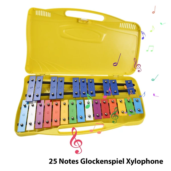 25 hangjegyes Glockenspiel xilofon: színes fém billentyűk, hordozható, tökéletes kezdőknek 