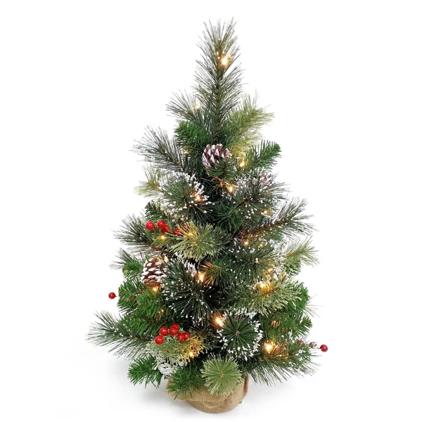 60 cm-es kis karácsonyfa, meleg fehér LED-es fényfüzér - PVC fenyőtűvel, piros gyümölcsös műanyag fenyőtoboz díszítéssel, ragacsos púderrel burkolt alappal
