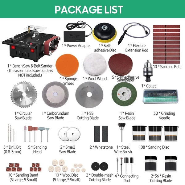 Mini asztali fűrész és szalagcsiszoló, változó sebességű körfűrész, 150 W (Luxus)