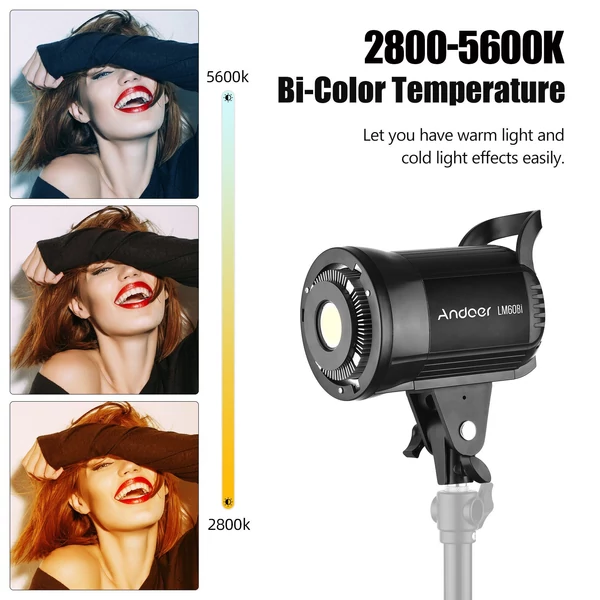 Andoer LM60Bi hordozható LED-es fotózási kitöltőlámpa, 60 W-os stúdió videólámpa