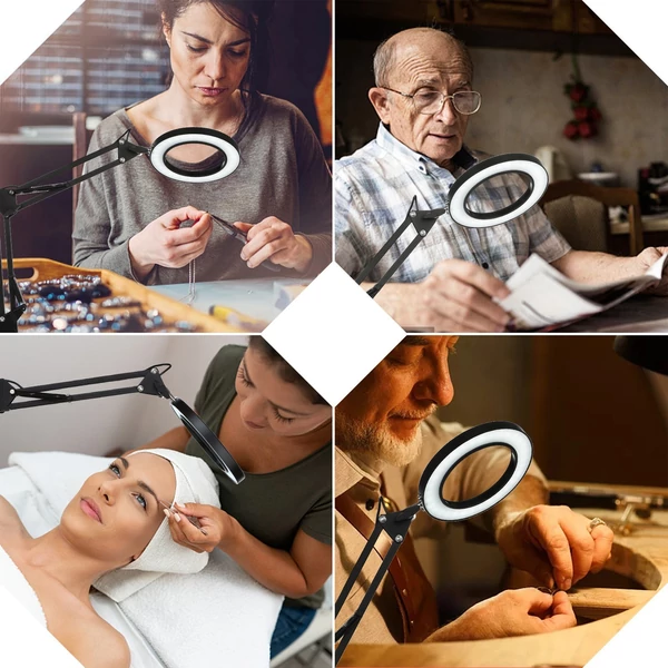 Tomshine flexibilis szorító asztali lámpa 8x nagyító lengőkarral, szabályozható LED asztali lámpával - Fekete