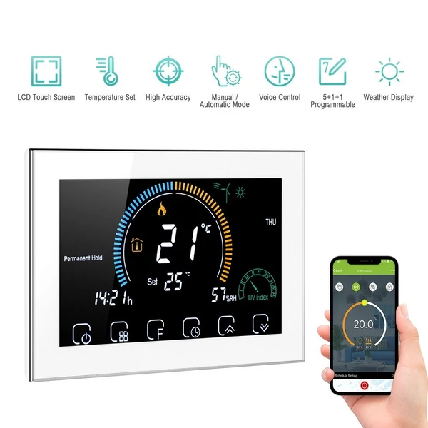 95-240 V intelligens termosztát, programozható termosztát, 5+1+1 hat periódusos hangos APP vezérlés - Fehér, Wi-Fi