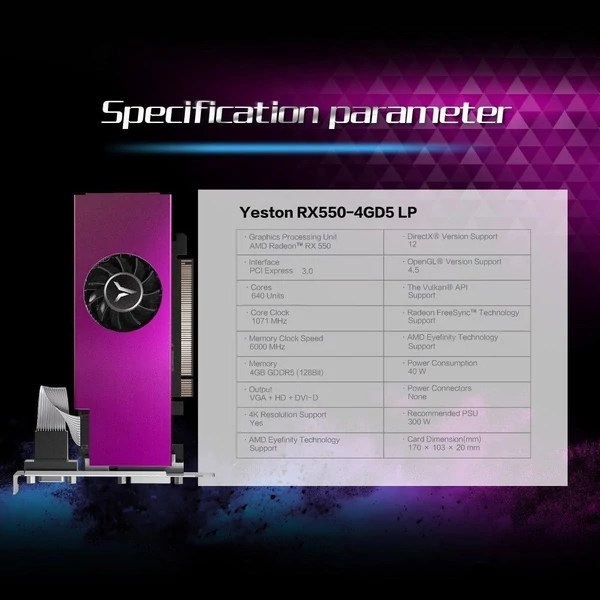 Yeston RX550-4G D5 LP grafikus kártya, Radeon Chill 4 GB memória GDDR5