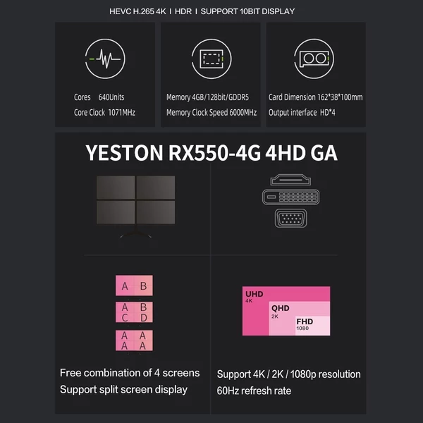 Yeston RX550-4G 4HD GA 4 képernyős grafikus kártya, 4 GB/128bit/GDDR5 memória
