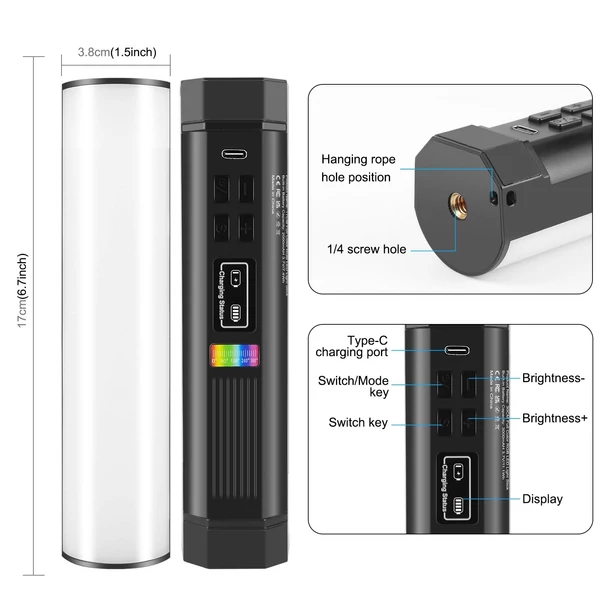 PULUZ PU4138 17 cm-es RGB fénypálca, mágneses LED-csöves fénypálca
