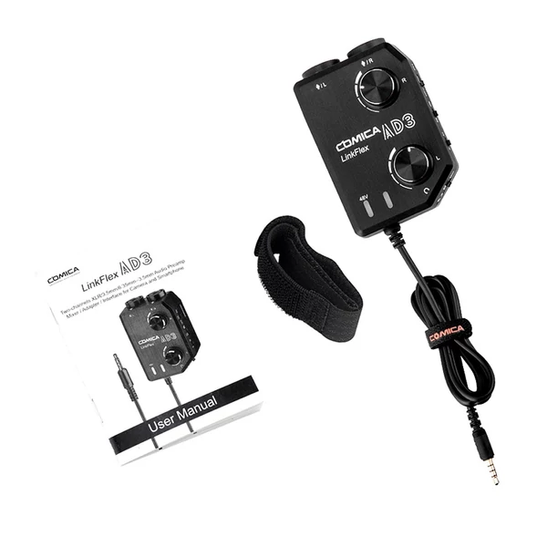 CoMica LINKFLEX AD3 kétcsatornás XLR/3,5 mm/6,35 mm-3,5 mm audio előerősítő keverő / adapter / interfész