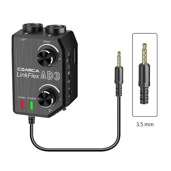 CoMica LINKFLEX AD3 kétcsatornás XLR/3,5 mm/6,35 mm-3,5 mm audio előerősítő keverő / adapter / interfész