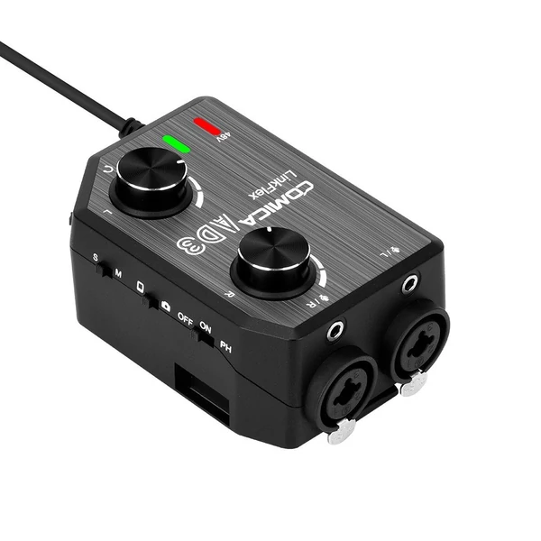 CoMica LINKFLEX AD3 kétcsatornás XLR/3,5 mm/6,35 mm-3,5 mm audio előerősítő keverő / adapter / interfész