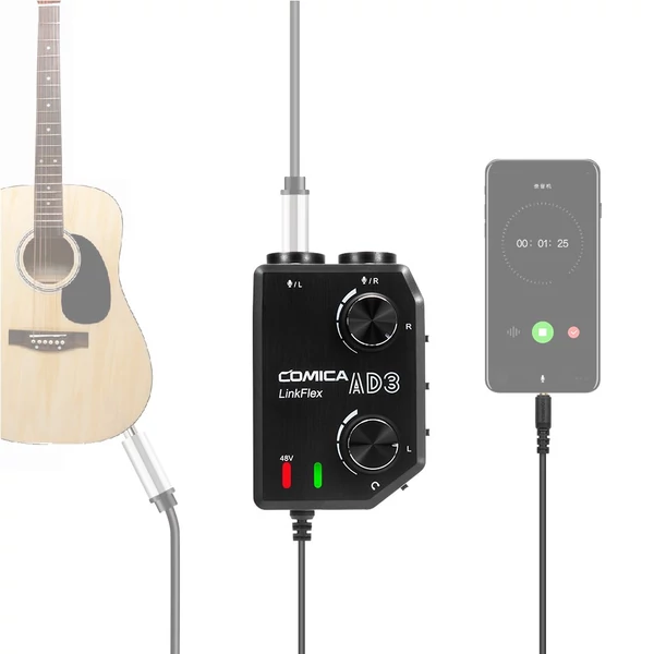 CoMica LINKFLEX AD3 kétcsatornás XLR/3,5 mm/6,35 mm-3,5 mm audio előerősítő keverő / adapter / interfész