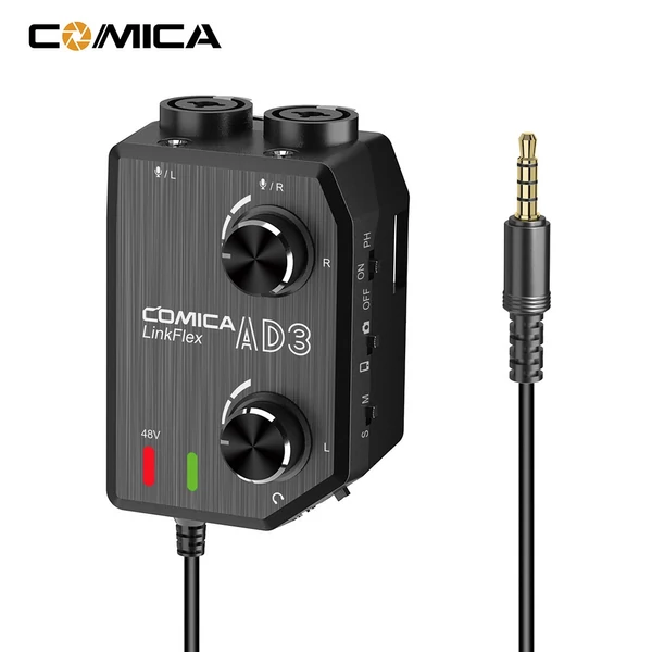 CoMica LINKFLEX AD3 kétcsatornás XLR/3,5 mm/6,35 mm-3,5 mm audio előerősítő keverő / adapter / interfész
