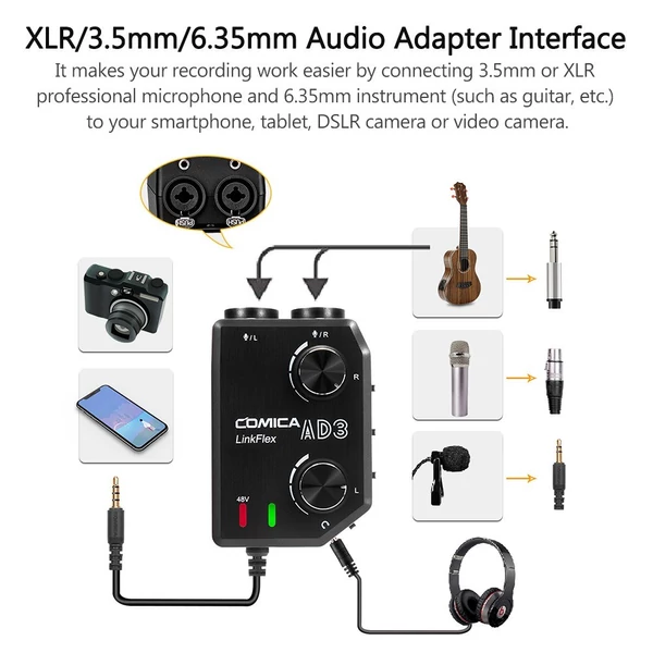 CoMica LINKFLEX AD3 kétcsatornás XLR/3,5 mm/6,35 mm-3,5 mm audio előerősítő keverő / adapter / interfész