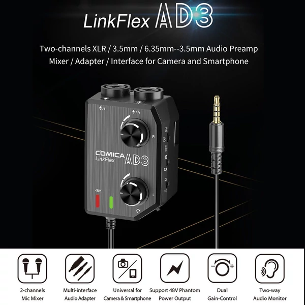 CoMica LINKFLEX AD3 kétcsatornás XLR/3,5 mm/6,35 mm-3,5 mm audio előerősítő keverő / adapter / interfész